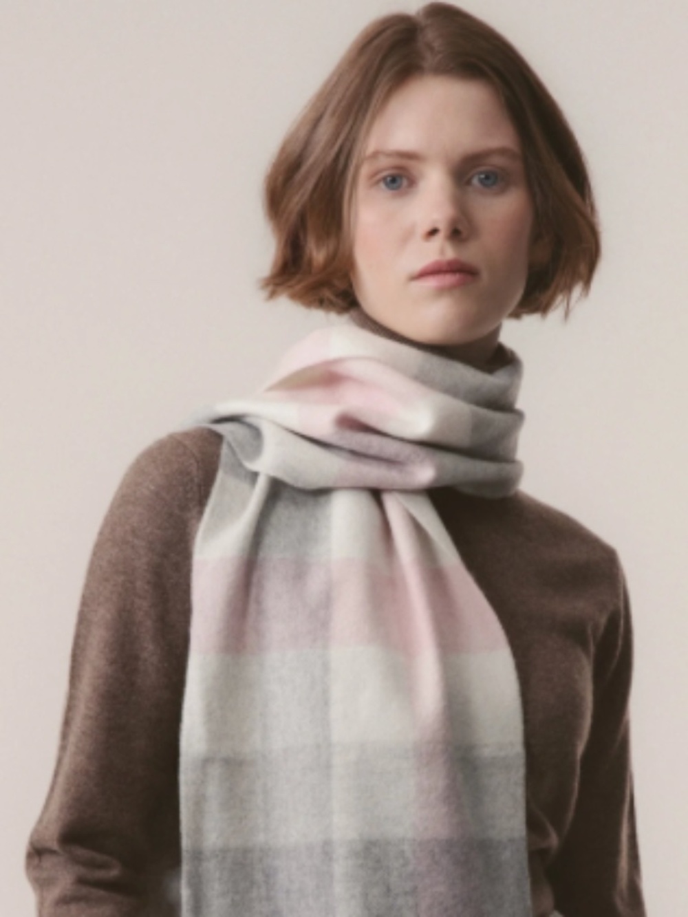 100% Cashmere Pink & Taupe Check Scsrf Made In Scotland
